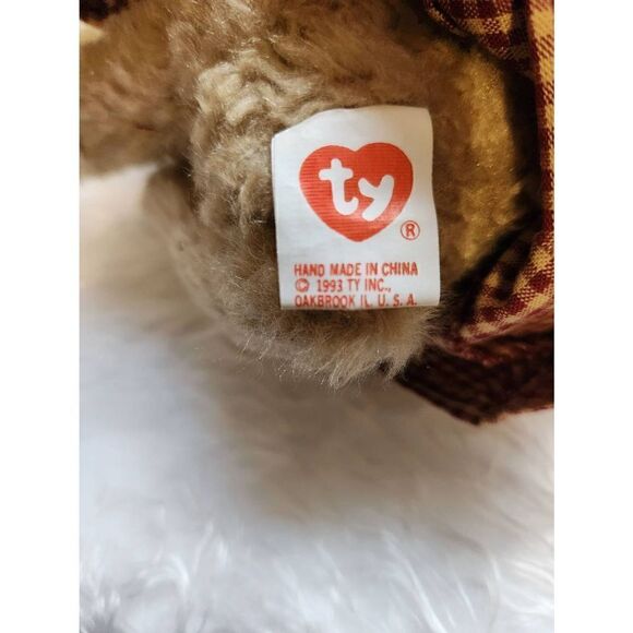TY Inc. 8" Vintage 1993 Jointed Brown Plush Bear with Gingham dress and matching - Picture 6 of 8